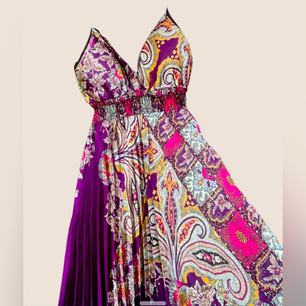 Step In Style Womens Dress Sz Small Purple Print Maxi Accordian Print Padded